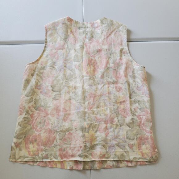 Vintage 90s Cottagecore Linen Vest Womens 8 Pastel Floral Button Front Pockets - Picture 2 of 6